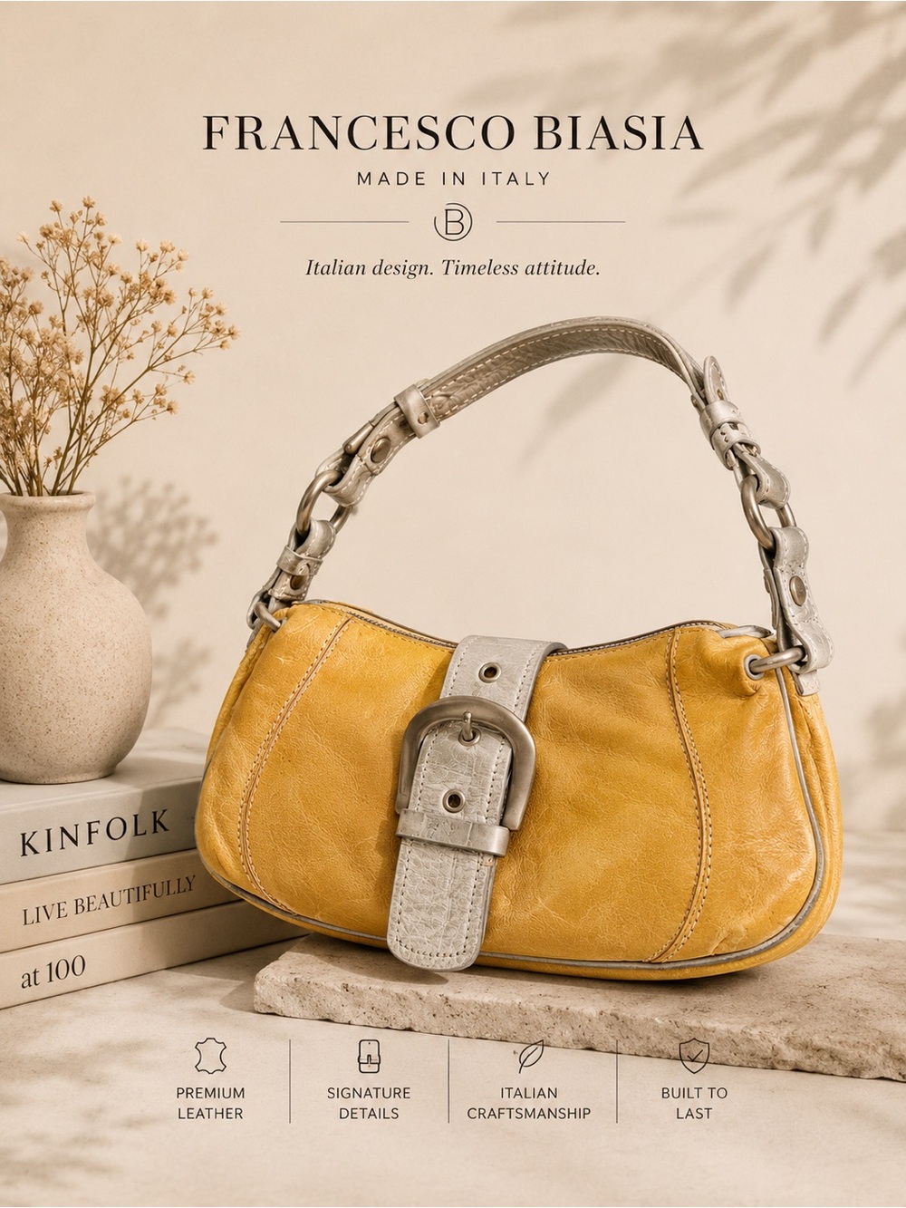 Y2K Francesco Biasia mustard yellow hobo bag silver buckle strap Italian leather